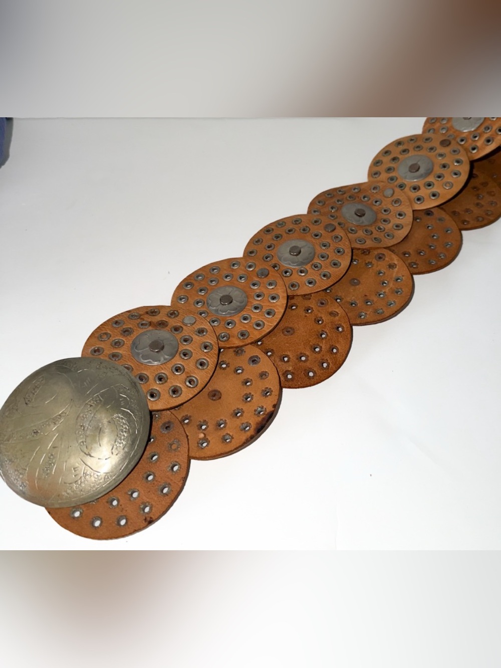 Boho Brown Leather Concho Waist Belt with Brass Medallion - Picture 2 of 12